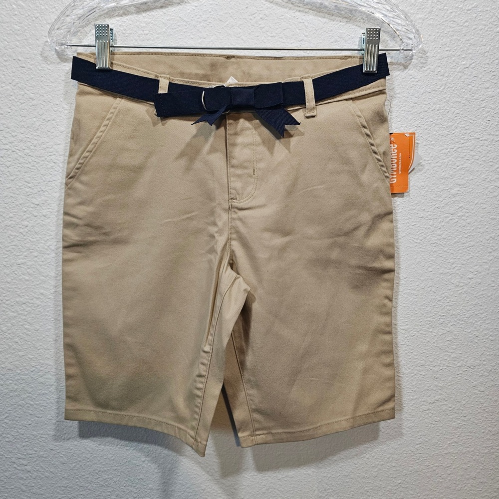 Gymboree Girls Sahara Tan Chino Shorts Nanotex Wrinkle Defense Navy Belt Size 12